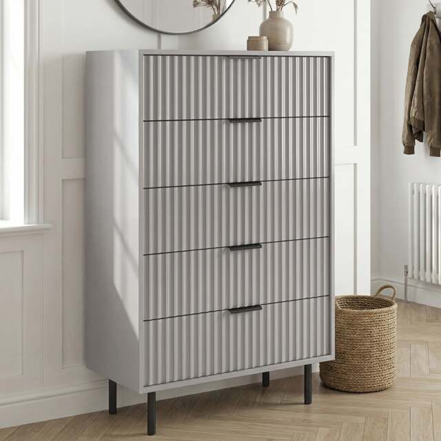 Tall 5 Drawer Chest of Drawers Fluted Design Painted Finish - Grey