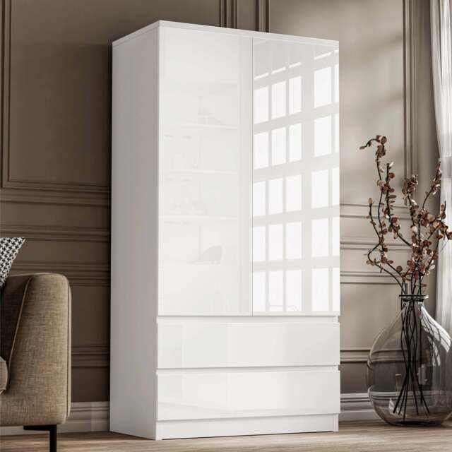 High Gloss 2 Door Wardrobe With Drawers and Hanging Rail - White