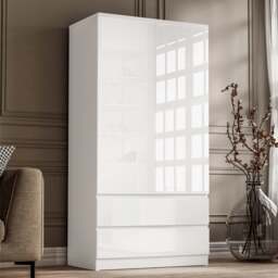 High Gloss 2 Door Wardrobe With Drawers and Hanging Rail - White