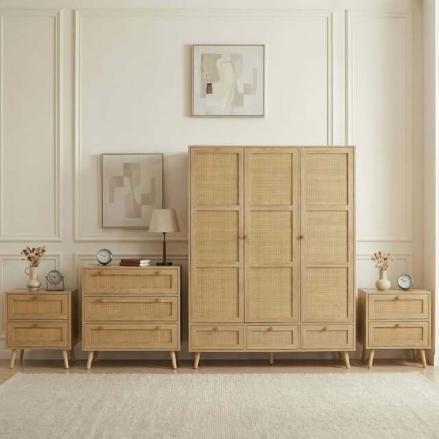 Wovena Rattan 4 Piece Bedroom Furniture Set - Pine Legs - Oak Effect