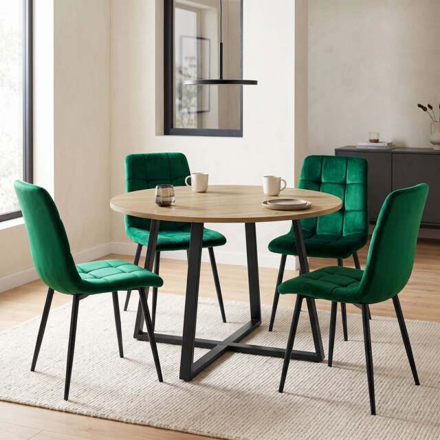 Kyvon Round Dining Table Set with 4 Chairs - Sonoma Oak Effect - Green