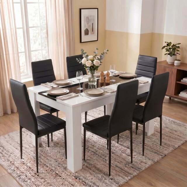White & Black Gloss 4-6 Seater Dining Table and Chairs Set - image 1