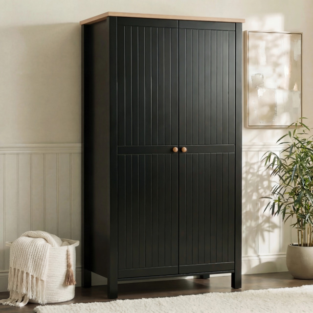 Linra Black Painted 2 Door Wardrobe With Shelves - Oak Top - image 1