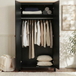 Linra Black Painted 2 Door Wardrobe With Shelves - Oak Top - thumbnail 3