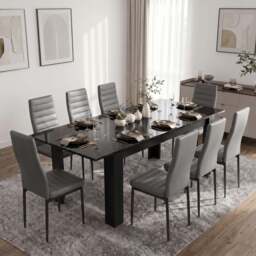 Milo Extendable Dining Table Set - Black Marble Effect - 8 Seater / Grey