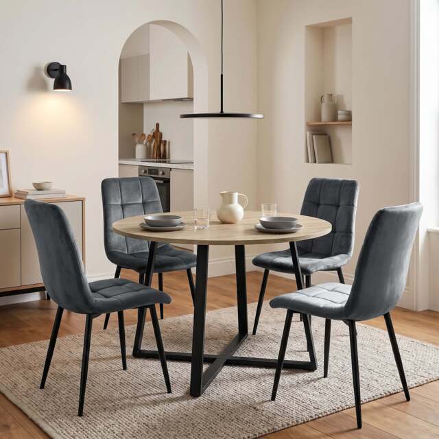 Kyvon Round Dining Table Set with 4 Chairs - Sonoma Oak Effect - Dark Grey