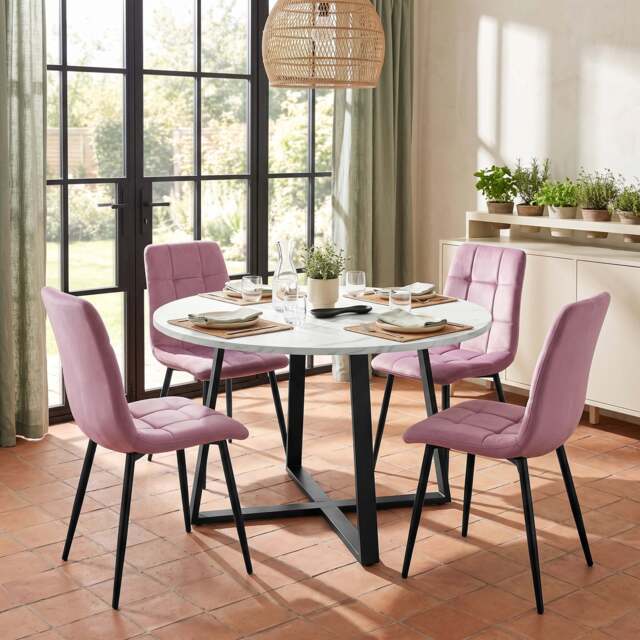 Kyvon Round Dining Table Set with 4 Chairs - White Marble Effect - Pink