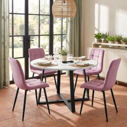 Kyvon Round Dining Table Set with 4 Chairs - White Marble Effect - Pink