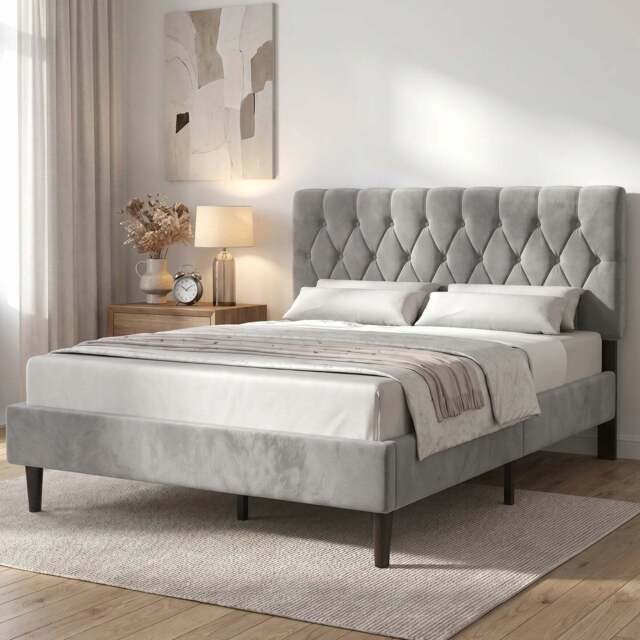 Velvet Bed Frame Double & King Size with Adjustable Headboard - Double (4ft6) / Light Grey
