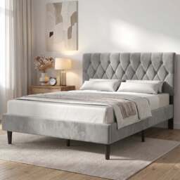 Velvet Bed Frame Double & King Size with Adjustable Headboard - Double (4ft6) / Light Grey