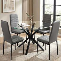 Skyra Glass Round Dining Table and 4 Grey Chairs Set