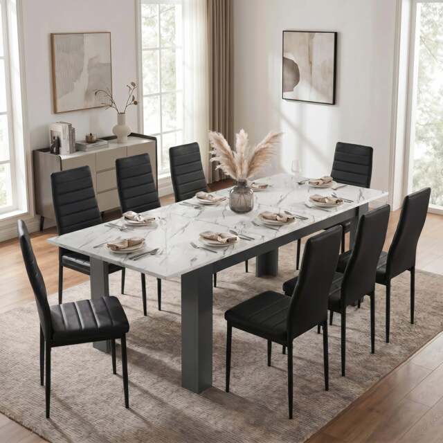 Milo Extendable Dining Table Set - White Marble Effect - 8 Seater / Black
