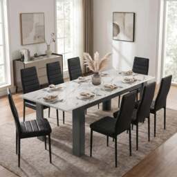 Milo Extendable Dining Table Set - White Marble Effect - 8 Seater / Black