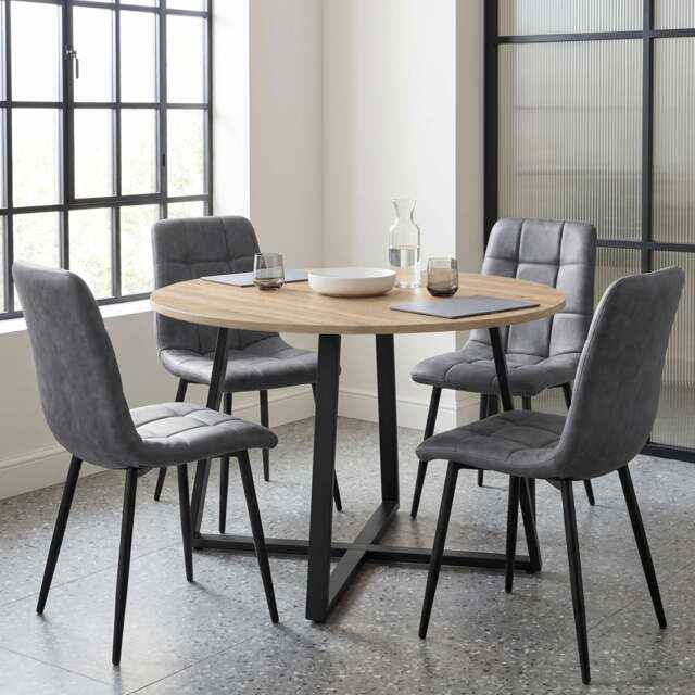 Kyvon Round Dining Table Set with 4 Chairs - Sonoma Oak Effect - Grey Suede Leather