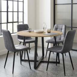 Kyvon Round Dining Table Set with 4 Chairs - Sonoma Oak Effect - Grey Suede Leather