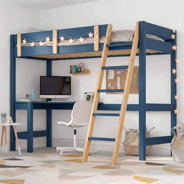 Bunk Bed With Desk - High Sleeper Loft Bed Frame For Kids - Blue + Pine