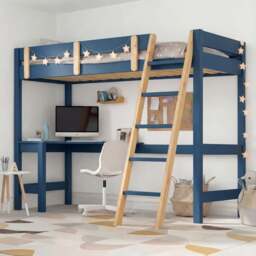 Bunk Bed With Desk - High Sleeper Loft Bed Frame For Kids - Blue + Pine