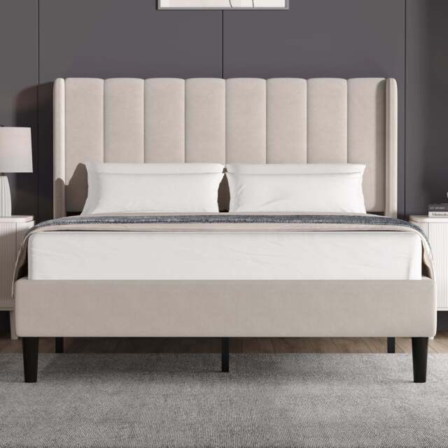 Vertical Line Velvet Upholstered Bed Frame - Double (4ft6) / Beige