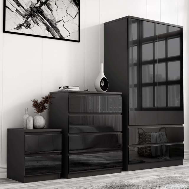 High Gloss 3 Piece Wardrobe Set With Chest of Drawers - Black