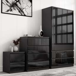 High Gloss 3 Piece Wardrobe Set With Chest of Drawers - Black