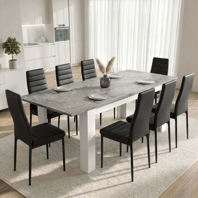 Milo Extendable Dining Table Set - Concrete Effect - 8 Seater / Black