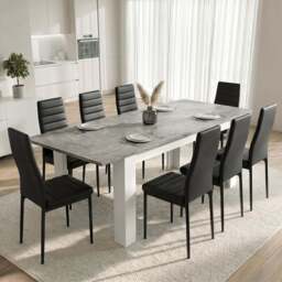 Milo Extendable Dining Table Set - Concrete Effect - 8 Seater / Black