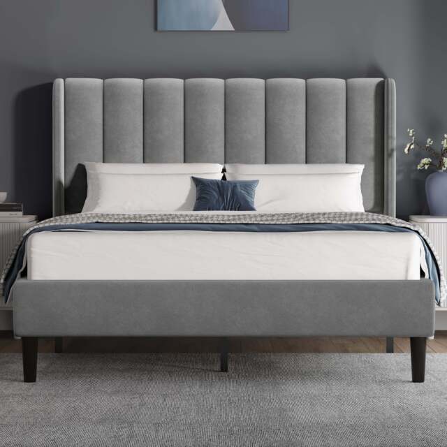 Vertical Line Velvet Upholstered Bed Frame Double & King Sizes - Double (4ft6) / Light Grey