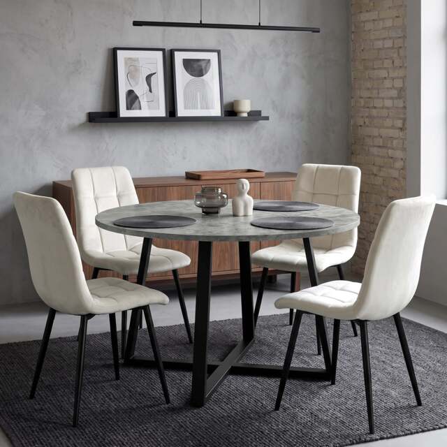 Kyvon Round Dining Table Set with 4 Chairs - Concrete Effect - Cream