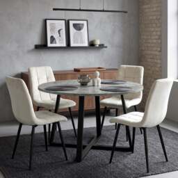 Kyvon Round Dining Table Set with 4 Chairs - Concrete Effect - Cream