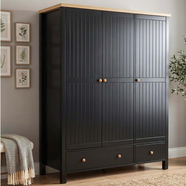 Black 3 Door Wardrobe with Drawers and Shelves - Oak Top - image 1