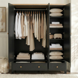 Linra 3 Door Wardrobe With Drawers and Shelves - Black Painted - thumbnail 3