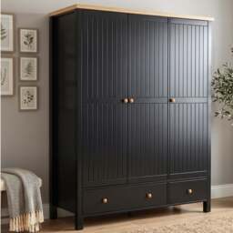 Black 3 Door Wardrobe with Drawers and Shelves - Oak Top - thumbnail 1