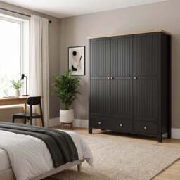Black 3 Door Wardrobe with Drawers and Shelves - Oak Top - thumbnail 6