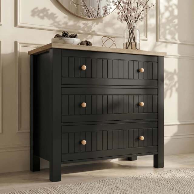 Linra Black Painted 3 Drawer Chest of Drawers with Oak Top - image 1