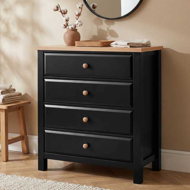Haven Black Painted Chest of Drawers 4 Drawer - Oak Top - image 1