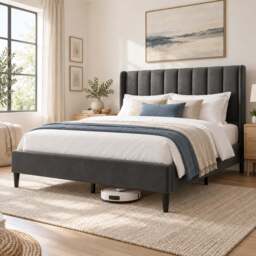 Vertical Line Velvet Upholstered Bed Frame