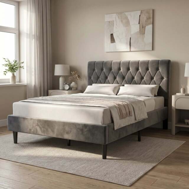Velvet Bed Frame Double & King Size with Adjustable Headboard - King (5ft) / Grey