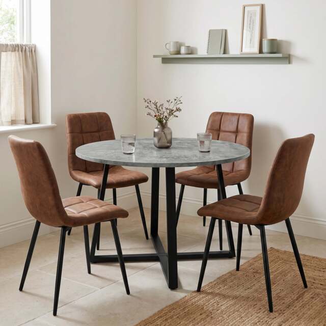 Kyvon Round Dining Table Set with 4 Chairs - Concrete Effect - Brown Suede