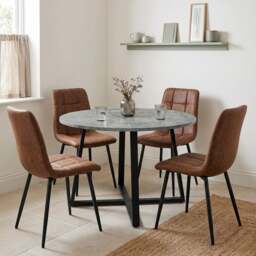 Kyvon Round Dining Table Set with 4 Chairs - Concrete Effect - Brown Suede