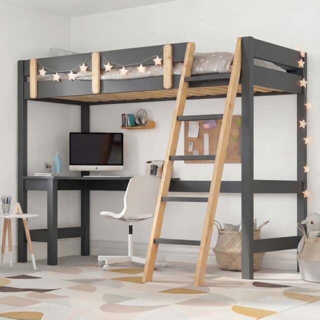 Bunk Bed With Desk - High Sleeper Loft Bed Frame For Kids - Dark Grey + Pine