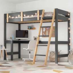 Bunk Bed With Desk - High Sleeper Loft Bed Frame For Kids - Dark Grey + Pine