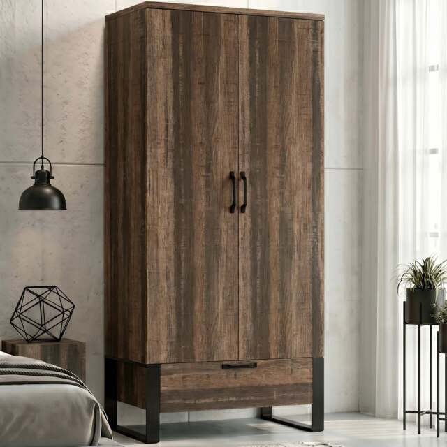Industrial 2 Door Wardrobe with Drawer and Hanging Rail, Rustic - image 1