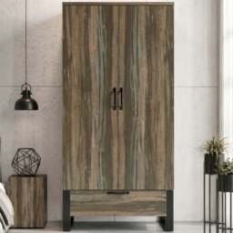 Industrial 2 Door Wardrobe with Drawer Rust Wood