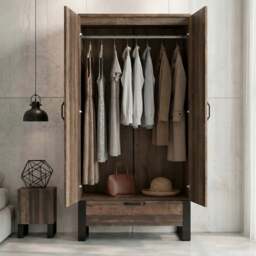 Industrial 2 Door Wardrobe with Drawer and Hanging Rail, Rustic - thumbnail 3