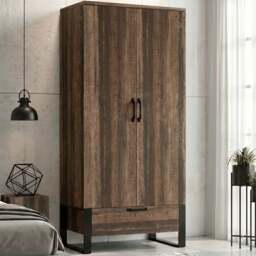 Industrial 2 Door Wardrobe with Drawer and Hanging Rail, Rustic