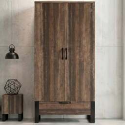 Industrial 2 Door Wardrobe with Drawer and Hanging Rail, Rustic - thumbnail 2