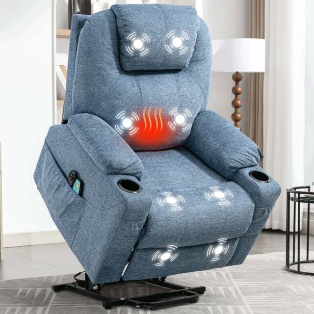 Riser Recliner Chair With Cup Holder, Heat and Massage - Blue
