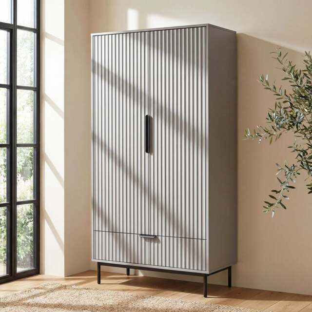 Fluted Painted 2 Door Wardrobe With Drawers and Hanging Rail - Grey