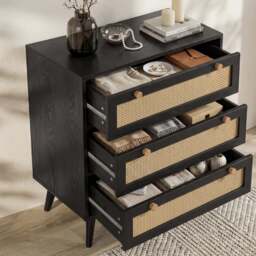 Wovena Black Rattan 3 Chest of Drawers, Pine legs - thumbnail 3