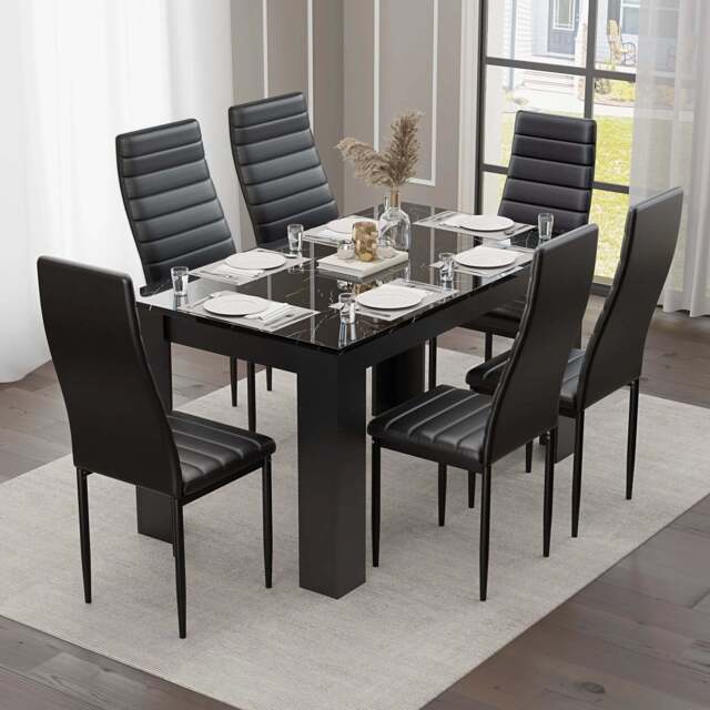 Gloss Black Marble Finish 4-6 Seater Dining Table and Chairs Set - 6 Seater / Black
